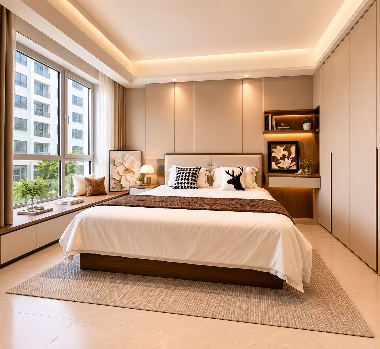 Queen bed with wood edge
